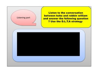 Listen to the conversation
between koko and robbin william
and answer the following question
? Use the D.L.T.A strategy
Listening part
 