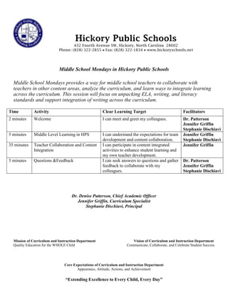 Hickory Public Schools
432 Fourth Avenue SW, Hickory, North Carolina 28602
Phone: (828) 322-2855  Fax: (828) 322-1834  www.hickoryschools.net
“Extending Excellence to Every Child, Every Day”
Middle School Mondays in Hickory Public Schools
Middle School Mondays provides a way for middle school teachers to collaborate with
teachers in other content areas, analyze the curriculum, and learn ways to integrate learning
across the curriculum. This session will focus on unpacking ELA, writing, and literacy
standards and support integration of writing across the curriculum.
Time Activity Clear Learning Target Facilitators
2 minutes Welcome I can meet and greet my colleagues. Dr. Patterson
Jennifer Griffin
Stephanie Dischiavi
5 minutes Middle Level Learning in HPS I can understand the expectations for team
development and content collaboration.
Jennifer Griffin
Stephanie Dischiavi
35 minutes Teacher Collaboration and Content
Integration
I can participate in content integrated
activities to enhance student learning and
my own teacher development.
Jennifer Griffin
3 minutes Questions &Feedback I can seek answers to questions and gather
feedback to collaborate with my
colleagues.
Dr. Patterson
Jennifer Griffin
Stephanie Dischiavi
Dr. Denise Patterson, Chief Academic Officer
Jennifer Griffin, Curriculum Specialist
Stephanie Dischiavi, Principal
Mission of Curriculum and Instruction Department Vision of Curriculum and Instruction Department
Quality Education for the WHOLE Child Communicate, Collaborate, and Celebrate Student Success
Core Expectations of Curriculum and Instruction Department
Appearance, Attitude, Actions, and Achievement
 