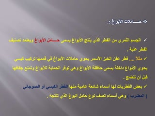 ‫األبواغ‬ ‫حـــــامالت‬.:
‫يسمى‬ ‫األبواغ‬ ‫ينتج‬ ‫الذي‬ ‫الفطر‬ ‫من‬ ‫الثمري‬ ‫الجسم‬‫األبواغ‬ ‫حــــامل‬‫ت‬ ‫ويعتمد‬‫صنيف‬
‫علية‬ ‫الفطر‬.
ً‫ال‬‫مث‬....‫كي‬ ‫تركيب‬ ‫قممها‬ ‫في‬ ‫األبواغ‬ ‫حامالت‬ ‫يحوي‬ ‫األسمر‬ ‫الخبز‬ ‫عفن‬ ‫فطر‬‫سي‬
‫جف‬ ‫وتمنع‬ ‫لألبواغ‬ ‫الحماية‬ ‫توفر‬ ‫وهي‬ ‫األبواغ‬ ‫حافظة‬ ‫يسمى‬ ‫داخلة‬ ‫األبواغ‬ ‫يحوي‬‫افها‬
‫تنضج‬ ‫أن‬ ‫قبل‬.
‫منها‬ ‫عامية‬ ‫شائعة‬ ‫أسماء‬ ‫لها‬ ‫الفطريات‬ ‫بعض‬‫الصوجاني‬ ‫أو‬ ‫الكيسي‬ ‫الفطر‬
(‫المضرب‬)‫تنتجه‬ ‫الذي‬ ‫البوغ‬ ‫حامل‬ ‫نوع‬ ‫تصف‬ ‫أسماء‬ ‫وهي‬.
 