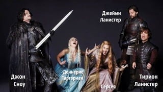 Джон
Сноу
Тирион
Ланистер
Деинерис
Таргариан
Серсея
Джейми
Ланистер
 