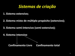 Sistemas de criação
1. Sistema extensivo;
2. Sistema misto de múltiplo propósito (extensivo);
3. Sistema semi-intensivo (semi-extensivo);
4. Sistema intensivo
Confinamento Livre Confinamento total
2
 