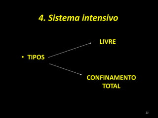 4. Sistema intensivo
• TIPOS
LIVRE
CONFINAMENTO
TOTAL
22
 