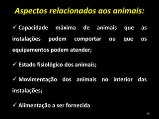 Aspectos relacionados aos animais:
 Capacidade máxima de animais que as
instalações podem comportar ou que os
equipamentos podem atender;
 Estado fisiológico dos animais;
 Movimentação dos animais no interior das
instalações;
 Alimentação a ser fornecida
29
 