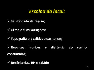 Escolha do local:
 Salubridade da região;
 Clima e suas variações;
 Topografia e qualidade das terras;
 Recursos hídricos e distância do centro
consumidor;
 Benfeitorias, RH e salário
32
 