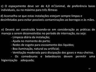 c) O espaçamento deve ser de 4,0 m2/animal, de preferência baias
individuais, ou no máximo para três fêmeas
d) Aconselha-se que estas instalações estejam sempre limpas e
desinfetadas para evitar possíveis contaminações ao borregos e às mães.
e) Deverá ser construída levando-se em consideração as práticas de
manejo a serem desenvolvidas no período de internação, ou seja:
- Limpeza diária da instalação;
- Ajuda no momento do parto;
- Redes de esgoto para escoamento dos líquidos;
- Boa iluminação, natural ou artificial;
- Ventilação moderada para dissipação dos gases e mau-cheiros.
- Os comedouros e bebedouros devem permitir uma
higienização adequada;
53
 
