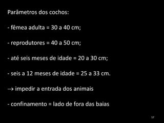 Parâmetros dos cochos:
- fêmea adulta = 30 a 40 cm;
- reprodutores = 40 a 50 cm;
- até seis meses de idade = 20 a 30 cm;
- seis a 12 meses de idade = 25 a 33 cm.
 impedir a entrada dos animais
- confinamento = lado de fora das baias
57
 