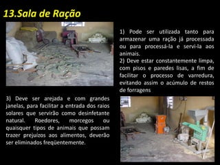 13.Sala de Ração
1) Pode ser utilizada tanto para
armazenar uma ração já processada
ou para processá-la e servi-la aos
animais.
2) Deve estar constantemente limpa,
com pisos e paredes lisas, a fim de
facilitar o processo de varredura,
evitando assim o acúmulo de restos
de forragens
3) Deve ser arejada e com grandes
janelas, para facilitar a entrada dos raios
solares que servirão como desinfetante
natural. Roedores, morcegos ou
quaisquer tipos de animais que possam
trazer prejuízos aos alimentos, deverão
ser eliminados freqüentemente.
67
 