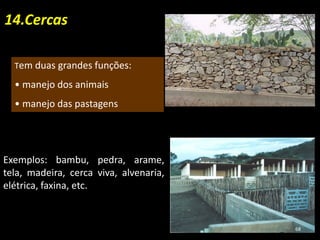 14.Cercas
Tem duas grandes funções:
• manejo dos animais
• manejo das pastagens
Exemplos: bambu, pedra, arame,
tela, madeira, cerca viva, alvenaria,
elétrica, faxina, etc.
68
 