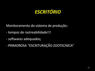 Monitoramento do sistema de produção:
- tempos de rastreabilidade!!!
- softwares adequados;
- PRIMOROSA “ESCRITURAÇÃO ZOOTECNICA”
ESCRITÓRIO
74
 