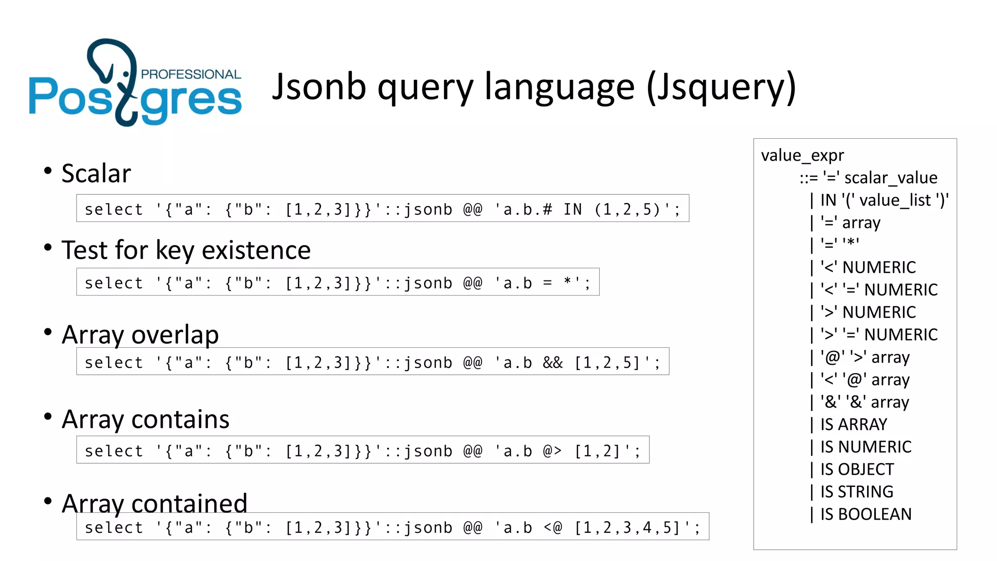 Jsonb query language (Jsquery)
• Scalar
• Test for key existence
• Array overlap
• Array contains
• Array contained
select '{"a": {"b": [1,2,3]}}'::jsonb @@ 'a.b.# IN (1,2,5)';
select '{"a": {"b": [1,2,3]}}'::jsonb @@ 'a.b = *';
select '{"a": {"b": [1,2,3]}}'::jsonb @@ 'a.b && [1,2,5]';
select '{"a": {"b": [1,2,3]}}'::jsonb @@ 'a.b @> [1,2]';
select '{"a": {"b": [1,2,3]}}'::jsonb @@ 'a.b <@ [1,2,3,4,5]';
value_expr
::= '=' scalar_value
| IN '(' value_list ')'
| '=' array
| '=' '*'
| '<' NUMERIC
| '<' '=' NUMERIC
| '>' NUMERIC
| '>' '=' NUMERIC
| '@' '>' array
| '<' '@' array
| '&' '&' array
| IS ARRAY
| IS NUMERIC
| IS OBJECT
| IS STRING
| IS BOOLEAN
 