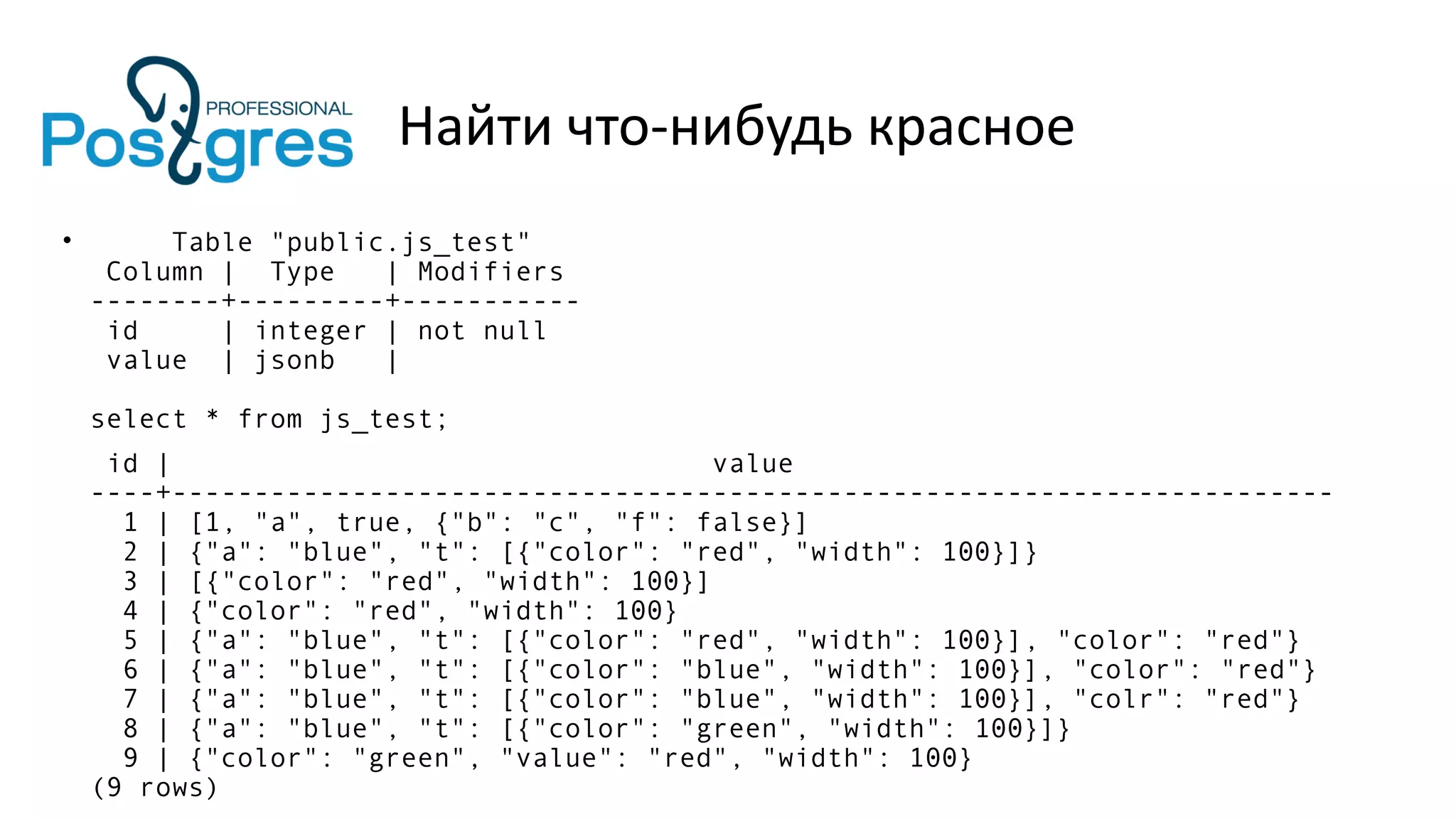 Найти что-нибудь красное
• Table "public.js_test"
Column | Type | Modifiers
--------+---------+-----------
id | integer | not null
value | jsonb |
select * from js_test;
id | value
----+-----------------------------------------------------------------------
1 | [1, "a", true, {"b": "c", "f": false}]
2 | {"a": "blue", "t": [{"color": "red", "width": 100}]}
3 | [{"color": "red", "width": 100}]
4 | {"color": "red", "width": 100}
5 | {"a": "blue", "t": [{"color": "red", "width": 100}], "color": "red"}
6 | {"a": "blue", "t": [{"color": "blue", "width": 100}], "color": "red"}
7 | {"a": "blue", "t": [{"color": "blue", "width": 100}], "colr": "red"}
8 | {"a": "blue", "t": [{"color": "green", "width": 100}]}
9 | {"color": "green", "value": "red", "width": 100}
(9 rows)
 