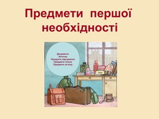 Документи
Аптечка
Продукти харчування
Предмети гігієни
Предмети зв’язку
Цукор
Предмети першої
необхідності
 