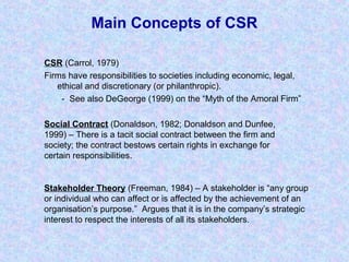 Main Concepts of CSR
Social Contract (Donaldson, 1982; Donaldson and Dunfee,
1999) – There is a tacit social contract between the firm and
society; the contract bestows certain rights in exchange for
certain responsibilities.
Stakeholder Theory (Freeman, 1984) – A stakeholder is “any group
or individual who can affect or is affected by the achievement of an
organisation’s purpose.” Argues that it is in the company’s strategic
interest to respect the interests of all its stakeholders.
CSR (Carrol, 1979)
Firms have responsibilities to societies including economic, legal,
ethical and discretionary (or philanthropic).
- See also DeGeorge (1999) on the “Myth of the Amoral Firm”
 