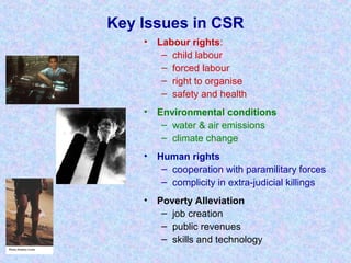 Key Issues in CSR
• Labour rights:
– child labour
– forced labour
– right to organise
– safety and health
• Environmental conditions
– water & air emissions
– climate change
• Human rights
– cooperation with paramilitary forces
– complicity in extra-judicial killings
• Poverty Alleviation
– job creation
– public revenues
– skills and technology
 