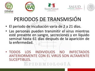 PERIODOS DE TRANSMISIÓN
• El periodo de incubación varía de 2 a 21 días.
• Las personas pueden transmitir el virus mientras
esté presente en sangre, secreciones y en líquido
seminal hasta 61 días después de la aparición de
la enfermedad.
• TODOS LOS INDIVIDUOS NO INFECTADOS
ANTERIORMENTE CON EL VIRUS SON ALTAMENTE
SUCEPTIBLES.
 