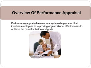 Performance appraisal relates to a systematic process that
involves employees in improving organizational effectiveness to...