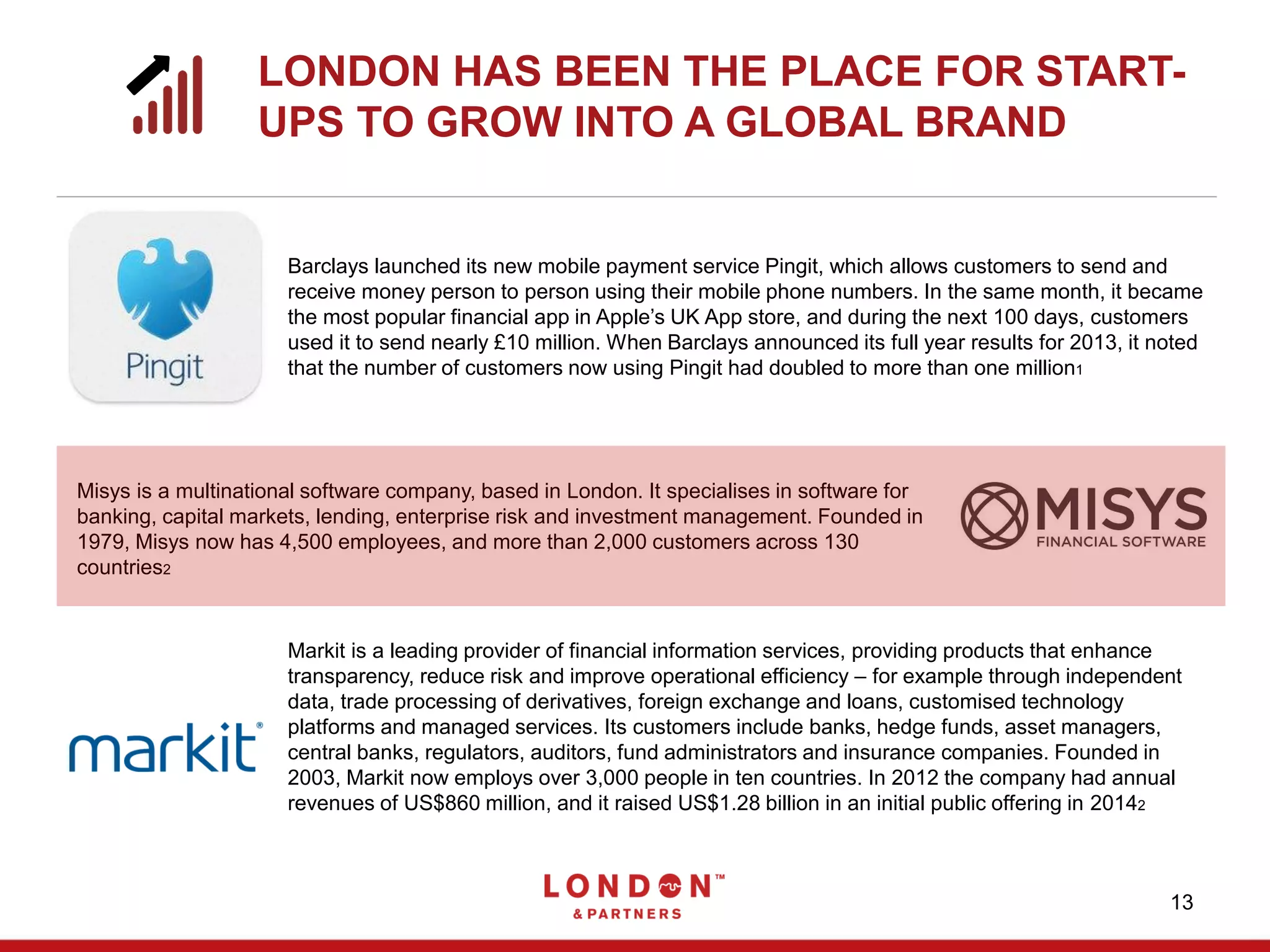 13
LONDON HAS BEEN THE PLACE FOR START-
UPS TO GROW INTO A GLOBAL BRAND
Barclays launched its new mobile payment service Pingit, which allows customers to send and
receive money person to person using their mobile phone numbers. In the same month, it became
the most popular financial app in Apple’s UK App store, and during the next 100 days, customers
used it to send nearly £10 million. When Barclays announced its full year results for 2013, it noted
that the number of customers now using Pingit had doubled to more than one million1
Misys is a multinational software company, based in London. It specialises in software for
banking, capital markets, lending, enterprise risk and investment management. Founded in
1979, Misys now has 4,500 employees, and more than 2,000 customers across 130
countries2
Markit is a leading provider of financial information services, providing products that enhance
transparency, reduce risk and improve operational efficiency – for example through independent
data, trade processing of derivatives, foreign exchange and loans, customised technology
platforms and managed services. Its customers include banks, hedge funds, asset managers,
central banks, regulators, auditors, fund administrators and insurance companies. Founded in
2003, Markit now employs over 3,000 people in ten countries. In 2012 the company had annual
revenues of US$860 million, and it raised US$1.28 billion in an initial public offering in 20142
 