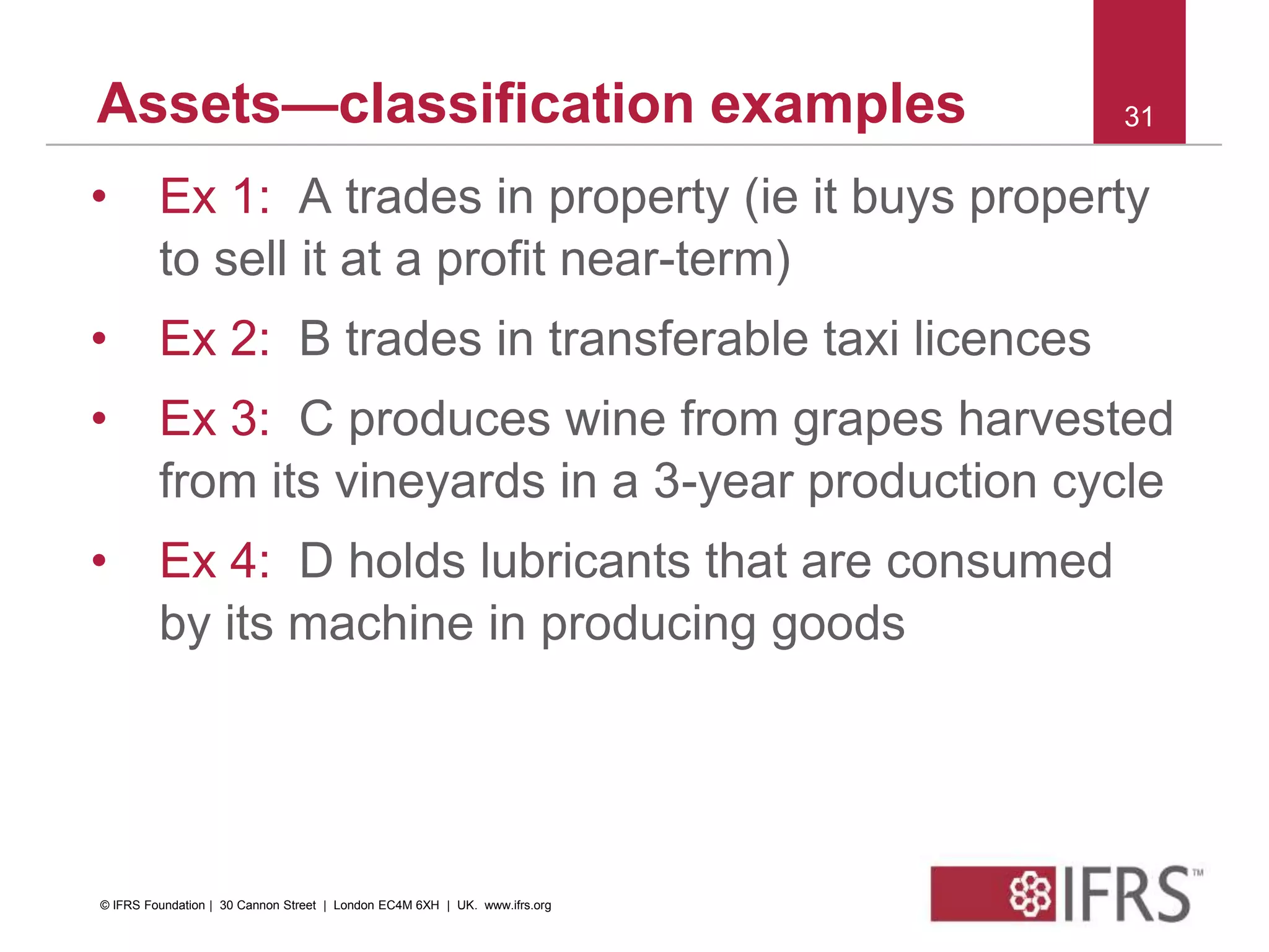 Assets—classification examples
• Ex 1: A trades in property (ie it buys property
to sell it at a profit near-term)
• Ex 2: B trades in transferable taxi licences
• Ex 3: C produces wine from grapes harvested
from its vineyards in a 3-year production cycle
• Ex 4: D holds lubricants that are consumed
by its machine in producing goods
31
© IFRS Foundation | 30 Cannon Street | London EC4M 6XH | UK. www.ifrs.org
 
