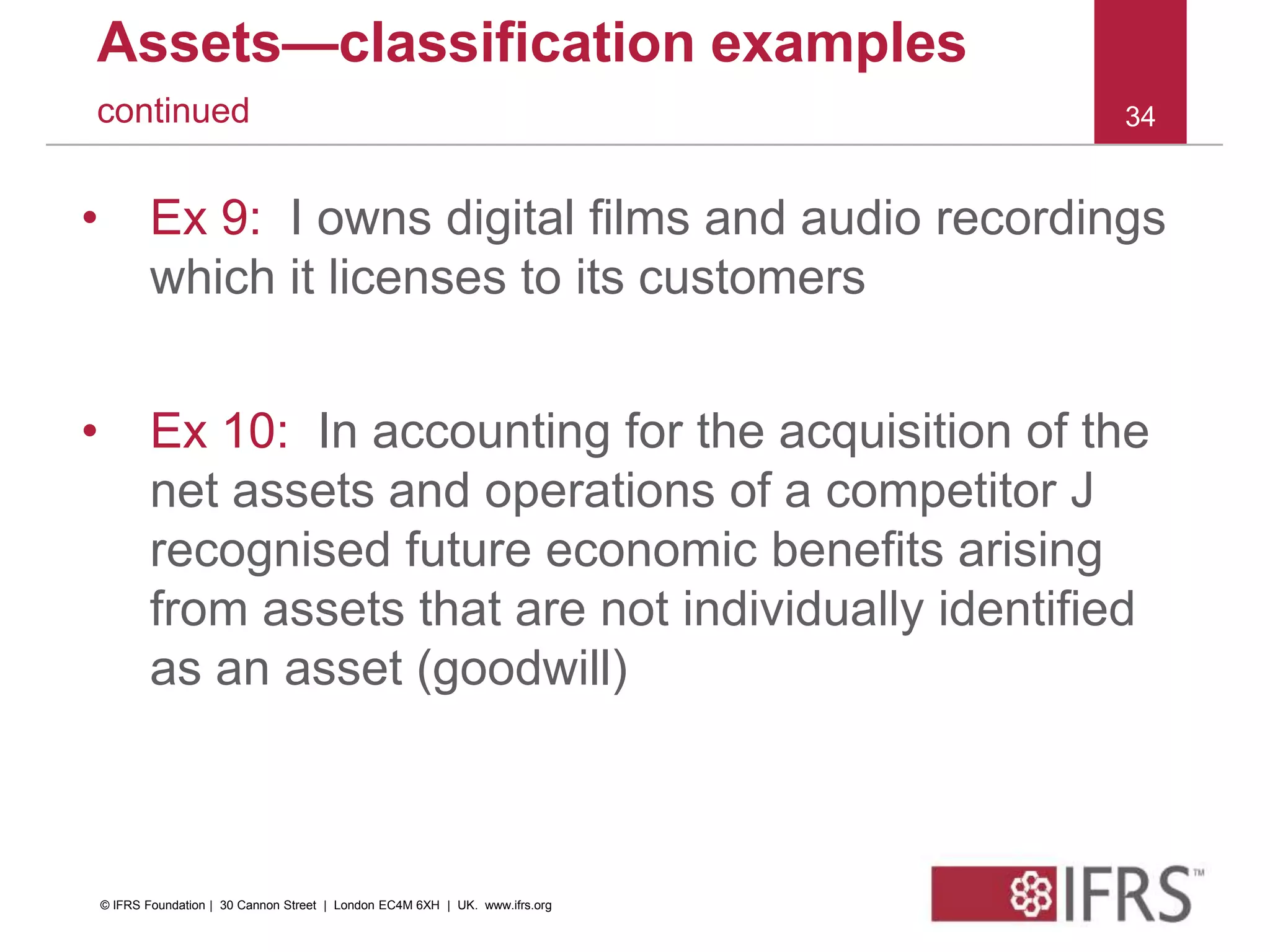 Assets—classification examples
continued
• Ex 9: I owns digital films and audio recordings
which it licenses to its customers
• Ex 10: In accounting for the acquisition of the
net assets and operations of a competitor J
recognised future economic benefits arising
from assets that are not individually identified
as an asset (goodwill)
34
© IFRS Foundation | 30 Cannon Street | London EC4M 6XH | UK. www.ifrs.org
 