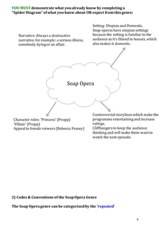 4
YOU MUST demonstrate what youalready know by completing a
“Spider Diagram” ofwhat you know about OR expect from this genre:
2) Codes & Conventions of the SoapOpera Genre
The Soap Operagenre can be categorizedby the ‘repeated’
Soap Opera
Setting: Utopian and Domestic.
Soap operashave utopian settings
because the setting is familiar to the
audienceas it’s filmed in houses, which
also makes it domestic.
Narrative: Alwaysa destructive
narrative, for example: a serious illness,
somebody dyingor an affair.
Character roles: ‘Princess’ (Propp)
‘Villain’ (Propp)
Appealto female viewers(Rebecca Feasey)
Controversial storylineswhich make the
programmeentertainingand increase
ratings.
Cliffhangersto keep the audience
thinking and will make them wantto
watch the next episode.
 
