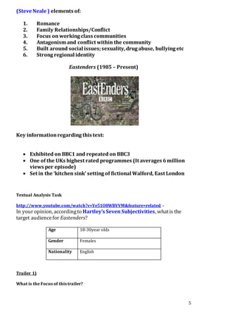 5
(Steve Neale ) elements of:
1. Romance
2. Family Relationships/Conflict
3. Focus on working class communities
4. Antagonism and conflict within the community
5. Built around social issues;sexuality,drug abuse, bullying etc
6. Strong regional identity
Eastenders (1985 – Present)
Key informationregarding this text:
 Exhibited on BBC1 and repeated on BBC3
 One of the UKs highest rated programmes (It averages 6million
views per episode)
 Set in the ‘kitchen sink’ setting of fictional Walford, East London
Textual Analysis Task
http://www.youtube.com/watch?v=Ye51O8WBVVM&feature=related -
In your opinion, accordingto Hartley’s Seven Subjectivities, whatis the
target audiencefor Eastenders?
Age 18-30year olds
Gender Females
Nationality English
Trailer 1)
What is the Focus of this trailer?
 
