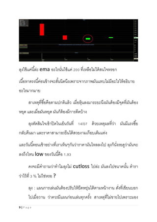 9 | P a g e
ลุงใช้แค่นี้ล่ะ ema อะไรนั่นใช้แค่ 200 ที่เหลือไม่ได้สนใจหรอก
เนื้อหาตรงนี้ค่อนข้างจะสั้นนิดนึงเพราะจากภาพมันแทบไม่มีอะไรให้อธิบาย
อะไรมากมาย
สาเหตุที่ซื้อคือตามปกติแล้ว เมื่อหุ้นลงมาระยะนึงมันต้องมีจุดที่มันต้อง
หยุด และเมื่อมันหยุด มันก็ต้องมีการดีดบ้าง
ลุงตัดสินใจเข้าปิดในเย็นวันที่ 14/07 ด้วยเหตุผลที่ว่า มันมีแรงซื้อ
กลับคืนมา และราคาสามารถยืนได้สวยงามเกือบเต็มแท่ง
และวันนี้ตอนเช้าอย่างที่เราเห็นๆกันว่าราคามันไหลลงไป ลุงก็นั่งรอดูว่ามันจะ
ลงถึงไหน low ของวันนี้คือ 1.93
คงจะมีคาถามว่าทาไมลุงไม่ cutloss ไปล่ะ มันลงไปขนาดนั้น ตารา
ว่าไว้ที่ 3 % ไม่ใช่หรอ ?
ลุง : แผนการเล่นมันต้องปรับให้ยืดหยุ่นได้ตามหน้างาน ดั่งที่เขียนบอก
ไปเมื่อวาน ว่าควรมีแผนก่อนเล่นทุกครั้ง สาเหตุที่ไม่ขายไปเพราะมอง
 