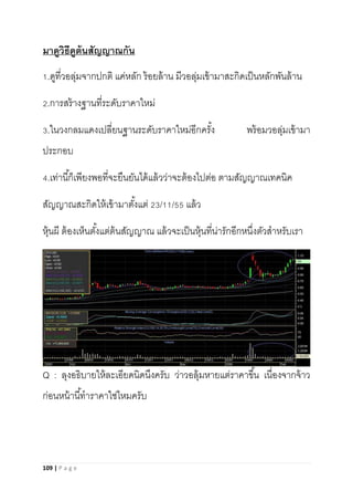 109 | P a g e
มาดูวิธีดูต้นสัญญาณกัน
1.ดูที่วอลุ่มจากปกติ แค่หลัก ร้อยล้าน มีวอลุ่มเข้ามาสะกิดเป็นหลักพันล้าน
2.การสร้างฐานที่ระดับราคาใหม่
3.ในวงกลมแดงเปลี่ยนฐานระดับราคาใหม่อีกครั้ง พร้อมวอลุ่มเข้ามา
ประกอบ
4.เท่านี้ก็เพียงพอที่จะยืนยันได้แล้วว่าจะต้องไปต่อ ตามสัญญาณเทคนิค
สัญญาณสะกิดให้เข้ามาตั้งแต่ 23/11/55 แล้ว
หุ้นผี ต้องเห็นตั้งแต่ต้นสัญญาณ แล้วจะเป็นหุ้นที่น่ารักอีกหนึ่งตัวสาหรับเรา
Q : ลุงอธิบายให้ละเอียดนิดนึงครับ ว่าวอลุ้มหายแต่ราคาขึ้น เนื่องจากจ้าว
ก่อนหน้านี้ทาราคาใช่ไหมครับ
 