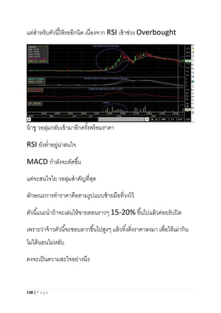 138 | P a g e
แต่สาหรับตัวนี้ให้รออีกนิด เนื่องจาก RSI เข้าช่วง Overbought
น้าชู วอลุ่มกลับเข้ามาอีกครั้งพร้อมราคา
RSI ยังต่าอยู่น่าสนใจ
MACD กาลังจะตัดขึ้น
แต่จะสนใจใย วอลุ่มสาคัญที่สุด
ลักษณะการทาราคาคือตามรูปแบบซ้ายมือที่วงไว้
ตัวนี้แนะนาถ้าจะเล่นให้ขายตอนราวๆ 15-20% ขึ้นไปแล้วค่อยรับปิด
เพราะว่าจ้าวตัวนี้จะชอบลากขึ้นไปสูงๆ แล้วทิ้งดิ่งราคาลงมา เพื่อให้เม่ากิน
ไม่ได้นอนไม่หลับ
คงจะเป็นความสะใจอย่างนึง
 