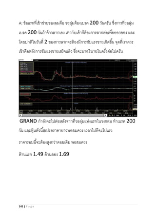 141 | P a g e
A: ข้อแรกที่เข้าข่ายของผมคือ วอลุ่มต้องเบรค 200 วันครับ ซึ่งการที่วอลุ่ม
เบรค 200 วันถ้าจ้าวลากเอง เท่ากับเค้าก็ต้องการลากต่อเพื่อออกของ และ
โดยปกติในวันที่ 2 ของการลากจะต้องมีการซับแรงขายเกิดขึ้น จุดที่เราควร
เข้าคือหลังการซับแรงขายเสร็จแล้ว ซึ่งจะมาอธิบายในครั้งต่อไปครับ
GRAND กาลังจะไปต่อหลังจากที่วอลุ่มแท่งแรกในวงกลม ทาเบรค 200
วัน และหุ้นตัวนี้สเปรดราคายาวพอสมควร เวลาไปทีจะไปแรง
ราคารอบนี้จะต้องสูงกว่าดอยเดิม พอสมควร
ต้านแรก 1.49 ต้านสอง 1.69
 
