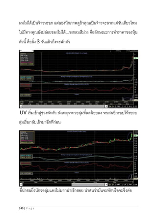 143 | P a g e
ผมไม่ได้เป็นจ้าวหรอก แต่ลองนึกภาพดูถ้าคุณเป็นจ้าวจะลากแค่วันเดียวไหม
ไม่มีทางคุณยังปล่อยของไม่ได้...วงกลมสีม่วง คือลักษณะการทาราคาของหุ้น
ตัวนี้คือลิ่ง 3 วันแล้วถึงจะพักตัว
UV เริ่มเข้าสู่ช่วงพักตัว สังเกตุจากวอลุ่มที่ลดน้อยลง จะเล่นอีกรอบให้รอวอ
ลุ่มเริ่มกลับเข้ามาอีกทีก่อน
อี๋น่าสนยิ่งนักวอลุ่มแดงไม่มากน่าเข้าสอย น่าสนว่ามันจะพักหรือจะซิ่งต่อ
 