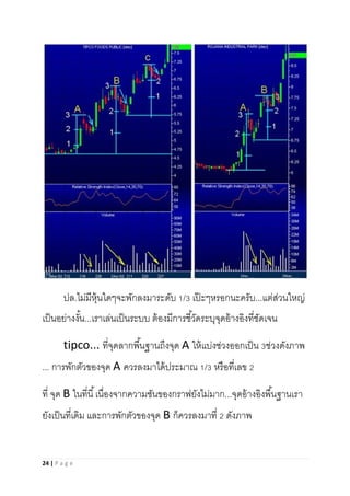 24 | P a g e
ปล.ไม่มีหุ้นใดๆจะพักลงมาระดับ 1/3 เป๊ ะๆหรอกนะครับ...แต่ส่วนใหญ่
เป็นอย่างงั้น...เราเล่นเป็นระบบ ต้องมีการชี้วัดระบุจุดอ้างอิงที่ชัดเจน
tipco... ที่จุดลากพื้นฐานถึงจุด A ให้แบ่งช่วงออกเป็น 3ช่วงดังภาพ
... การพักตัวของจุด A ควรลงมาได้ประมาณ 1/3 หรือที่เลข 2
ที่ จุด B ในที่นี้เนื่องจากความชันของกราฟยังไม่มาก...จุดอ้างอิงพื้นฐานเรา
ยังเป็นที่เดิม และการพักตัวของจุด B ก็ควรลงมาที่ 2 ดังภาพ
 