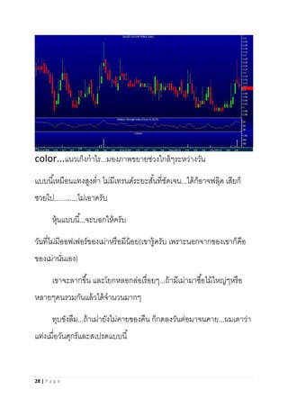 28 | P a g e
color...แนวเก็งกาไร...มองภาพขยายช่วงใกล้ๆระหว่างวัน
แบบนี้เหมือนแทงสูงต่า ไม่มีเทรนด์ระยะสั้นที่ชัดเจน...ได้ก็อาจฟลุ๊ค เสียก็
ซวยไป............ไม่เอาครับ
หุ้นแบบนี้...จะบอกให้ครับ
วันที่ไม่มีออฟเฟอร์ของเม่าหรือมีน้อย(เขารู้ครับ เพราะนอกจากของเขาก็คือ
ของเม่านั่นเอง)
เขาจะลากขึ้น และโยกหลอกล่อเรื่อยๆ...ถ้ามีเม่ามาซื้อไม้ใหญ่ๆหรือ
หลายๆคนรวมกันแล้วได้จานวนมากๆ
ทุบขังลืม...ถ้าเม่ายังไม่คายของคืน ก็กดลงวันต่อมาจนคาย...ผมเดาว่า
แท่งเมื่อวันศุกร์และสเปรดแบบนี้
 
