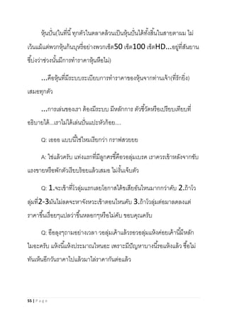 55 | P a g e
หุ้นปั่น(ในที่นี้ทุกตัวในตลาดล้วนเป็นหุ้นปั่นได้ทั้งสิ้นในสายตาผม ไม่
เว้นแม้แต่พวกหุ้นก้นบุหรี่อย่างพวกเซ็ต50 เซ็ต100 เซ็ตHD...อยู่ที่สันยาน
ชี้บ่งว่าช่วงนั้นมีการทาราคาหุ้นหือไม่)
...คือหุ้นที่มีระบบระเบียบการทาราคาของหุ้นจากท่านเจ้า(ที่รักยิ่ง)
เสมอทุกตัว
...การเล่นของเรา ต้องมีระบบ มีหลักการ ตัวชี้วัดหรือเปรียบเทียบที่
อธิบายได้...เราไม่ได้เล่นปั่นแปะหัวก้อย....
Q: เอออ แบบนี้ใช่ไหมเรียกว่า กราฟสวยยย
A: ใช่แล้วครับ แท่งแรกที่มีลูกศรชี้คือวอลุ่มเบรค เราควรเข้าหลังจากซับ
แรงขายหรือพักตัวเรียบร้อยแล้วเสมอ ไม่งั้นเจ็บตัว
Q: 1.จะเข้าที่โวลุ่มแรกเลยโอกาสได้ขเสียอันไหนมากกว่าคับ 2.ถ้าโว
ลุ่มที่2-3มันไม่ลดจะหาจังหวะเข้าตอนไหนคับ 3.ถ้าโวลุ่มต่อมาลดลงแต่
ราคาขึ้นเรื่อยๆแปลว่าขึ้นหลอกๆหรือไม่คับ ขอบคุณครับ
Q: อือลุงๆถามอย่างเวลา วอลุ่มเค้าแล้วรอวอลุ่มแห้งค่อยเค้านี้มีหลัก
ไมอะครับ แห้งนี้แห้งประมาณไหนอะ เพราะมีปัญหาบางนี้รอแห้งแล้ว ซื้อไม่
ทันเห็นอีกวันราคาไปแล้วมาไล่ราคากันต่อแล้ว
 