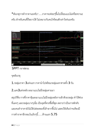 68 | P a g e
*สังเกตุการทาราคานะครับ*......ราคาจะค่อยๆขึ้นไปเรื่อยแบบไม่หวือหวานะ
ครับ สาหรับคนที่ถือยาวได้ ไม่เหมาะกับคนใจร้อนสักเท่าไหร่นะครับ
SPPT กราฟสวย
จุดสังเกตุ
1.วอลุ่มราคา 3แท่งแรก ราคานาไปพร้อมวอลุ่มมหาศาลทั้ง 3 วัน
2.แดง3แท่งหลัง ลงมาแบบไม่มีวอลุ่มตามมา
สรุปก็คือ การที่ราคาหุ้นลงมาแบบไม่มีวอลุ่มหลังการเข้าด้วยวอลุ่ม ทาให้ช่วง
ที่แดงๆ และวอลุ่มบางๆเนี่ย เป็นจุดที่ควรซื้อที่สุด เพราะว่าเป็นการพักตัว
และคนทาราคายังไม่ได้ปล่อยของที่เค้าลากขึ้นไป แสดงให้เห็นว่าจะต้องมี
การทาราคาอีกรอบในเร็วๆนี้.......ต้านแรก 5.75
 