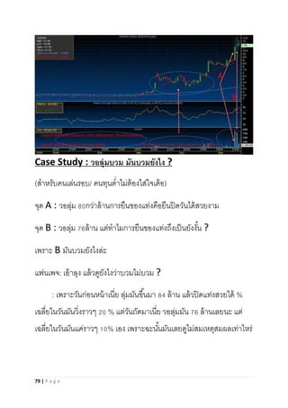 79 | P a g e
Case Study : วอลุ่มบวม มันบวมยังไง ?
(สาหรับคนเล่นรอบ/ คนทุนต่าไม่ต้องใส่ใจเด้อ)
จุด A : วอลุ่ม 80กว่าล้านการยืนของแท่งคือยืนปิดวันได้สวยงาม
จุด B : วอลุ่ม 76ล้าน แต่ทาไมการยืนของแท่งถึงเป็นยังงั้น ?
เพราะ B มันบวมยังไงล่ะ
แฟนเพจ: เอ้าลุง แล้วดูยังไงว่าบวมไม่บวม ?
: เพราะวันก่อนหน้าเนี่ย ลุ่มมันขึ้นมา 84 ล้าน แล้วปิดแท่งสวยได้ %
เฉลี่ยในวันมันวิ่งราวๆ 20 % แต่วันถัดมาเนี่ย วอลุ่มมัน 76 ล้านเลยนะ แต่
เฉลี่ยในวันมันแค่ราวๆ 10% เอง เพราะฉะนั้นมันเลยดูไม่สมเหตุสมผลเท่าไหร่
 