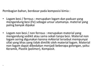 Pembagian bahan, berdasar pada komposisi kimia :
• Logam besi / ferrous : merupakan logam dan paduan yang
mengandung besi (Fe) sebagai unsur utamanya. material yang
paling banyak dipakai
• Logam non besi / non ferrous : merupakan material yang
mengandung sedikit atau sama sekali tanpa besi. Material non
logam sering digunakan karena mAterial tersebut mempunyai
sifat yang khas yang tidak dimiliki oleh material logam. Material
non logam dapat dibedakan menjadi beberapa golongan, yaitu:
Keramik, Plastik (polimer), Komposit.
.
 