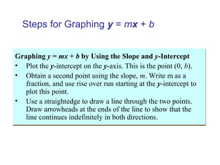 Steps for Graphing y = mx + b
Graphing y = mx + b by Using the Slope and y-Intercept
• Plot the y-intercept on the y-axis. This is the point (0, b).
• Obtain a second point using the slope, m. Write m as a
fraction, and use rise over run starting at the y-intercept to
plot this point.
• Use a straightedge to draw a line through the two points.
Draw arrowheads at the ends of the line to show that the
line continues indefinitely in both directions.
Graphing y = mx + b by Using the Slope and y-Intercept
• Plot the y-intercept on the y-axis. This is the point (0, b).
• Obtain a second point using the slope, m. Write m as a
fraction, and use rise over run starting at the y-intercept to
plot this point.
• Use a straightedge to draw a line through the two points.
Draw arrowheads at the ends of the line to show that the
line continues indefinitely in both directions.
 
