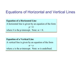 Equations of Horizontal and Vertical Lines
Equation of a Horizontal Line
A horizontal line is given by an equation of the form
y = b
where b is the y-intercept. Note: m = 0.
Equation of a Horizontal Line
A horizontal line is given by an equation of the form
y = b
where b is the y-intercept. Note: m = 0.
Equation of a Vertical Line
A vertical line is given by an equation of the form
x = a
where a is the x-intercept. Note: m is undefined.
Equation of a Vertical Line
A vertical line is given by an equation of the form
x = a
where a is the x-intercept. Note: m is undefined.
 
