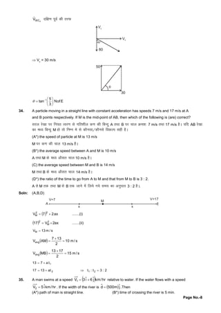 Page No.-8
2WCV

nf{k.kiwoZdhrjQ
Vx
Vy
80
45°
 Vx
= 30 m/s
50
30
1 5
tan Nof E
3
  
  
 

34. A particle moving in a straight line with constant acceleration has speeds 7 m/s and 17 m/s at A
and B points respectively. If M is the mid-point of AB, then which of the following is (are) correct?
ljy js[kkij fu;r Roj.klsxfr'khy d.kdhfcUnqA rFkkB ij pky Øe'k%7 m/s rFkk17 m/s gSA ;fn AB js[kk
dke/; fcUnqM gksrksfuEu eslsdkSulk@dkSulsfodYi lghgSA
(A*) the speed of particle at M is 13 m/s
M ij d.kdhpky 13 m/s gSA
(B*) the average speed between A and M is 10 m/s
A rFkkM dse/; vkSlr pky 10 m/s gSA
(C) the average speed between M and B is 14 m/s
M rFkkB dse/; vkSlr pky 14 m/s gSA
(D*) the ratio of the time to go from A to M and that from M to B is 3 : 2.
A lsM rd rFkkM lsB rd tkusesafy;sx;sle; dkvuqikr 3 : 2 gSA.
Soln: (A,B,D)
M
x x
A
V=7 V=17
B
  ax27V
22
M  .......(i)
  ax2V17 2
M
2
 .......(ii)
s/m13VM 
  s/m10
2
137
AMVavg 


  s/m15
2
1713
MBVavg 


1ta713 
2at1317  2:3t:t 21 
35. A man swims at a speed   hr/kmjˆ6iˆ3V1  relative to water. If the water flows with a speed
hr/kmiˆ5V2  . If the width of the river is  jˆm500d  .Then
(A*) path of man is straight line. (B*) time of crossing the river is 5 min.
 