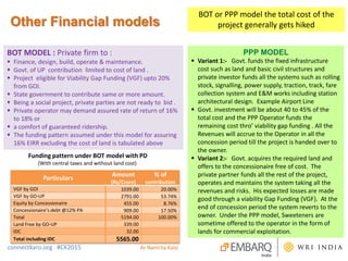 Funding pattern under BOT model with PD
(With central taxes and without land cost)
connectkaro.org #CK2015
Particulars
Amount
(Rs/Crore)
% of
contribution
VGF by GOI 1039.00 20.00%
VGF by GO-UP 2791.00 53.74%
Equity by Concessionaire 455.00 8.76%
Concessionaire’s debt @12% PA 909.00 17.50%
Total 5194.00 100.00%
Land Free by GO-UP 339.00
IDC 32.00
Total including IDC 5565.00
BOT MODEL : Private firm to :
 Finance, design, build, operate & maintenance.
 Govt. of UP contribution limited to cost of land .
 Project eligible for Viability Gap Funding (VGF) upto 20%
from GOI.
 State government to contribute same or more amount.
 Being a social project, private parties are not ready to bid .
 Private operator may demand assured rate of return of 16%
to 18% or
 a comfort of guaranteed ridership.
 The funding pattern assumed under this model for assuring
16% EIRR excluding the cost of land is tabulated above
PPP MODEL
 Variant 1:- Govt. funds the fixed infrastructure
cost such as land and basic civil structures and
private investor funds all the systems such as rolling
stock, signalling, power supply, traction, track, fare
collection system and E&M works including station
architectural design. Example Airport Line
 Govt. investment will be about 40 to 45% of the
total cost and the PPP Operator funds the
remaining cost thro’ viability gap funding . All the
Revenues will accrue to the Operator in all the
concession period till the project is handed over to
the owner.
 Variant 2:- Govt. acquires the required land and
offers to the concessionaire free of cost. The
private partner funds all the rest of the project,
operates and maintains the system taking all the
revenues and risks. His expected losses are made
good through a viability Gap Funding (VGF). At the
end of concession period the system reverts to the
owner. Under the PPP model, Sweeteners are
sometime offered to the operator in the form of
lands for commercial exploitation.
Ar Namrita Kalsi
Other Financial models
BOT or PPP model the total cost of the
project generally gets hiked
 