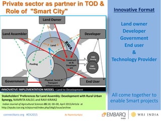 Private sector as partner in TOD &
Role of "Smart City" Innovative Format
Land owner
Developer
Government
End user
&
Technology Provider
All come together to
enable Smart projects
connectkaro.org #CK2015
Stakeholders’ Preferences for Land Assembly: Development with Rural Urban
Synergy, NAMRITA KALSI1 and RAVI KIRAN2
Indian Journal of Agricultural Sciences 85 (4): 00–00, April 2015/Article at
http://epubs.icar.org.in/ejournal/index.php/IJAgS/issue/archive
Ar Namrita Kalsi
 