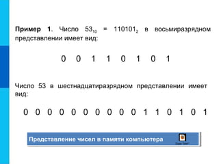 Пример 1. Число 5310 = 1101012 в восьмиразрядном
представлении имеет вид:
0 0 1 1 0 1 0 1
Число 53 в шестнадцатиразрядном представлении имеет
вид:
0 0 0 0 0 0 0 0 0 0 1 1 0 1 0 1
Представление чисел в памяти компьютераПредставление чисел в памяти компьютера
Ôàéë "SWF"
 