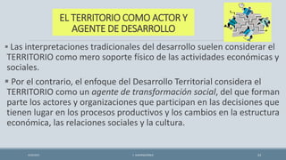 EL TERRITORIO COMO ACTOR Y
AGENTE DE DESARROLLO
 Las interpretaciones tradicionales del desarrollo suelen considerar el
TERRITORIO como mero soporte físico de las actividades económicas y
sociales.
 Por el contrario, el enfoque del Desarrollo Territorial considera el
TERRITORIO como un agente de transformación social, del que forman
parte los actores y organizaciones que participan en las decisiones que
tienen lugar en los procesos productivos y los cambios en la estructura
económica, las relaciones sociales y la cultura.
4/22/2015 F. ALBURQUERQUE 23
 