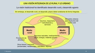 UNA VISIÓN INTEGRADA DE LO RURAL Y LO URBANO
28
La visión tradicional ha identificado desarrollo rural y desarrollo agrario
Medio
rural
Medio
urbano
Insumos, maquinaria,
manufacturas y
servicios
Mercados urbanos
para productos del
medio rural
Recursos naturales, medioambiente
(agua, energía, materias primas)
Otros bienes y servicios
(ambientales, residenciales, naturaleza, deporte)
Producción de
alimentos
Sin embargo, el desarrollo rural y el desarrollo urbano deben analizarse de forma integrada.
F. Alburquerque
 