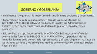 GOBIERNO Y GOBERNANZA
 Finalmente hay que citar la importante distinción entre gobierno y gobernanza.
 La formación de redes es una característica de las nuevas formas de
GOBERNANZA PÚBLICO-PRIVADA mediante las cuales las Administraciones
Públicas deben consensuar con la ciudadanía la gestión de los diferentes
procesos.
 Ello conlleva un tipo importante de INNOVACIÓN SOCIAL, como reflejo del
avance de las formas de DEMOCRACIA PARTICIPATIVA, superadoras de las
limitadas formas de la democracia representativa y el control que los aparatos de
los grandes partidos y los principales medios de comunicación de masas suelen
hacer de ella.
4/22/2015 F. ALBURQUERQUE 33
 