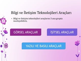 Bilgi ve İletişim Teknolojileri Araçları
• Bilgi ve iletişim teknolojileri araçlarını 3 ana grupta
inceleyebiliriz.
GÖRSEL ARAÇLAR İŞİTSEL ARAÇLAR
YAZILI VE BASILI ARAÇLAR
 