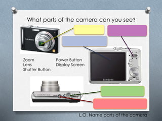 What parts of the camera can you see?
L.O. Name parts of the camera
Zoom
Lens
Shutter Button
Power Button
Display Screen
 