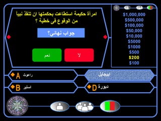 $1,000,000
$500,000
$100,000
$50,000
$10,000
$5000
$1000
$500
$200
$100
‫ا‬‫نبيآ‬ ‫تنقذ‬ ‫ان‬ ‫بحكمتها‬ ‫استطاعت‬ ‫حكيمة‬ ‫مرأة‬
‫؟‬ ‫خطية‬ ‫فى‬ ‫الوقوع‬ ‫من‬
‫راعوث‬
‫استير‬
‫ابيجايل‬
‫دبورة‬
$200
‫نهائي؟‬ ‫جواب‬
‫نعم‬ ‫ل‬
 