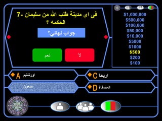 $1,000,000
$500,000
$100,000
$50,000
$10,000
$5000
$1000
$500
$200
$100
7- ‫سليمان‬ ‫من‬ ‫ال‬ ‫طلب‬ ‫مدينة‬ ‫اى‬ ‫فى‬
‫الحكمه‬‫؟‬
‫اورشليم‬
‫جبعون‬
‫اريحا‬
‫المصفاة‬
$500
‫نهائي؟‬ ‫جواب‬
‫نعم‬ ‫ل‬
 