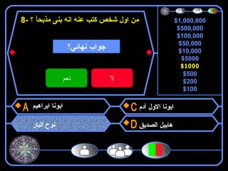 $1,000,000
$500,000
$100,000
$50,000
$10,000
$5000
$1000
$500
$200
$100
8- ‫مذبحآ‬ ‫بنى‬ ‫انه‬ ‫عنه‬ ‫كتب‬ ‫شخص‬ ‫اول‬ ‫من‬‫؟‬
‫ابراهيم‬ ‫ابونا‬
‫البار‬ ‫نوح‬
‫آدم‬ ‫الول‬ ‫ابونا‬
‫الصديق‬ ‫هابيل‬
$1000
‫نهائي؟‬ ‫جواب‬
‫نعم‬ ‫ل‬
 